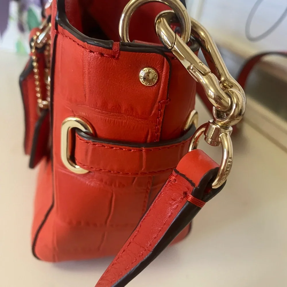 Coach Red Coral Croc-Embossed Leather Bag with Crossbody Strap